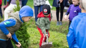 Дети сажают деревья на Спортивной аллее